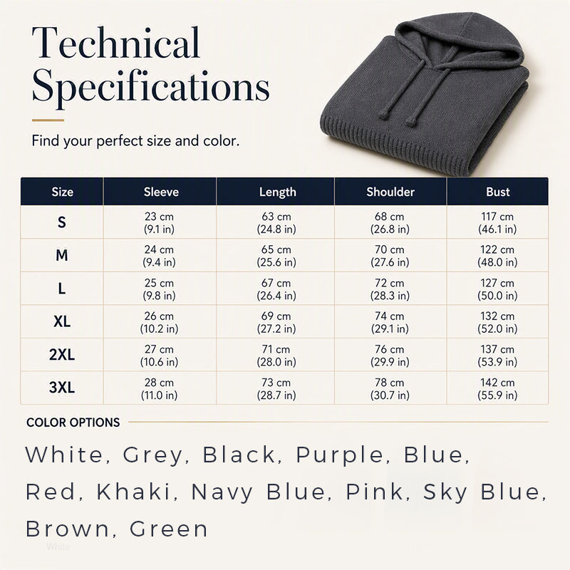 Size chart table giving sleeve, length, shoulder and bust measurements from S to 3XL, with a folded grey knit and colour list. 20