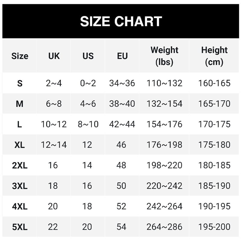 Size chart table matching sizes S to 5XL with UK, US and EU sizes, body weight in pounds and height in centimetres. 21