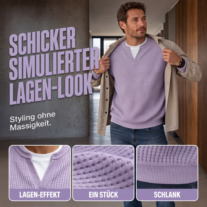 Man opening a beige shirt jacket to show the lilac waffle top, with detail close-ups of the V-neck, knit texture and ribbed hem. 4