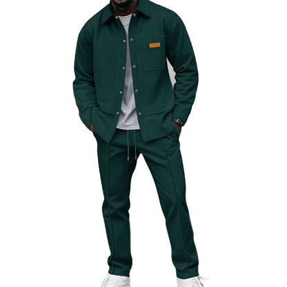 Model wearing the set in dark green, with patch chest pocket and drawstring waist trousers 5