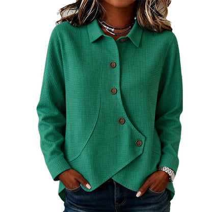 Women's Buttoned Knit Top with Waffle Texture and Asymmetric Hem 2