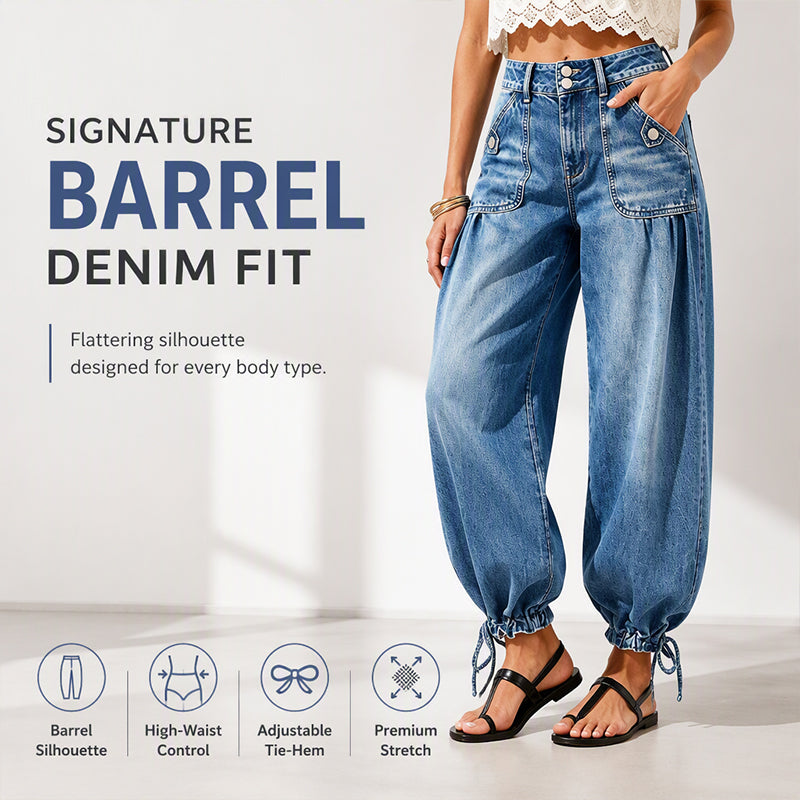Model in blue washed barrel jeans with hand in front pocket and tied hems, shown with a row of fit feature icons. 1