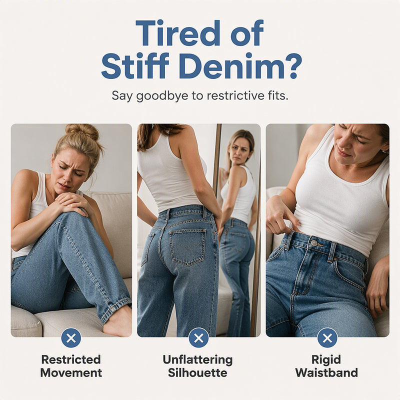 Three-panel comparison of women in stiff, ordinary blue jeans looking uncomfortable, illustrating restricted movement, unflattering shape and a rigid waistband. 3