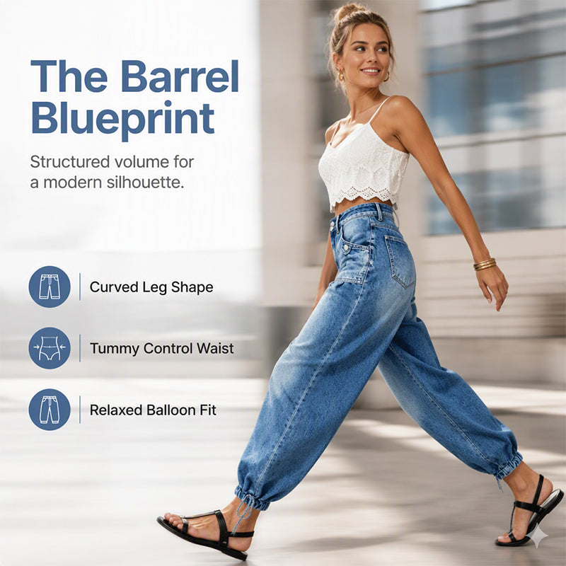 Smiling model walking in the blue barrel jeans with gathered ankle hems, beside icons describing the curved leg, waist and relaxed fit. 4