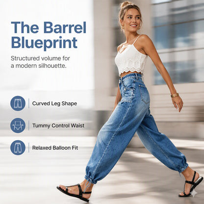 Smiling model walking in the blue barrel jeans with gathered ankle hems, beside icons describing the curved leg, waist and relaxed fit. 4