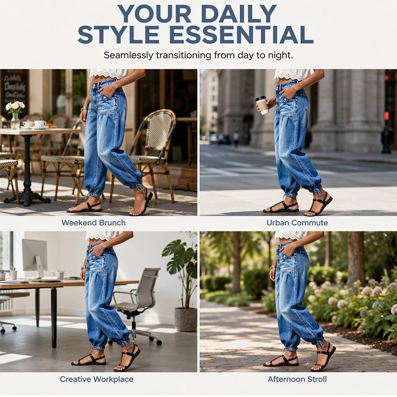 Four-image grid of the jeans worn in a cafe, on a city street, in an office and on a garden path. 6