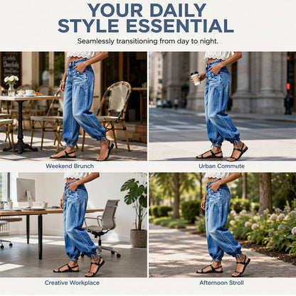 Four-image grid of the jeans worn in a cafe, on a city street, in an office and on a garden path. 6