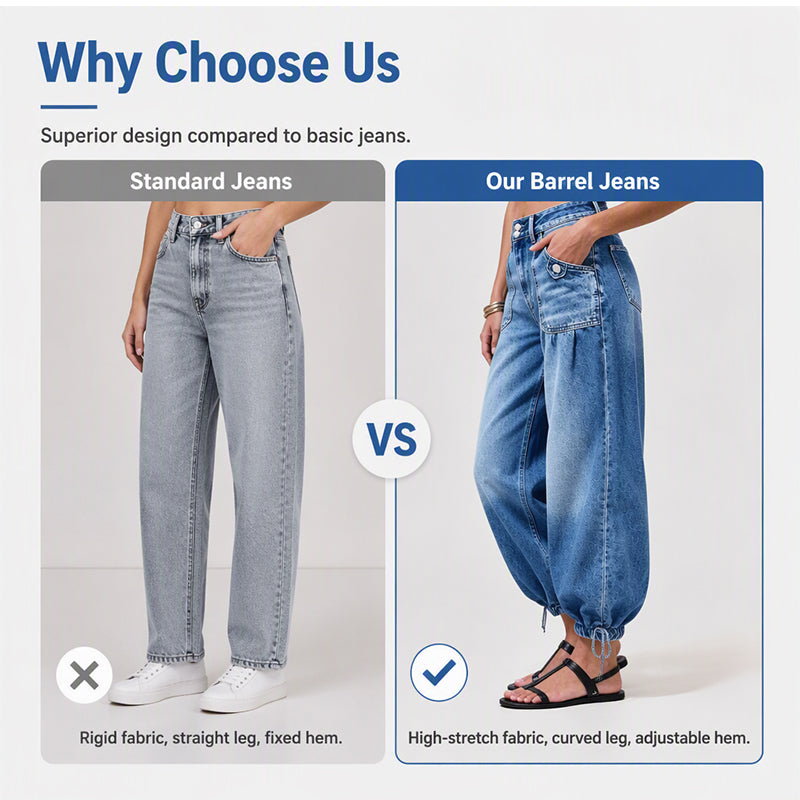 Side-by-side comparison of straight light-grey jeans and the curved-leg blue barrel jeans with adjustable tie hems. 5