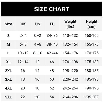 Size chart table listing sizes S to 5XL with UK, US and EU equivalents plus suggested weight and height ranges. 9