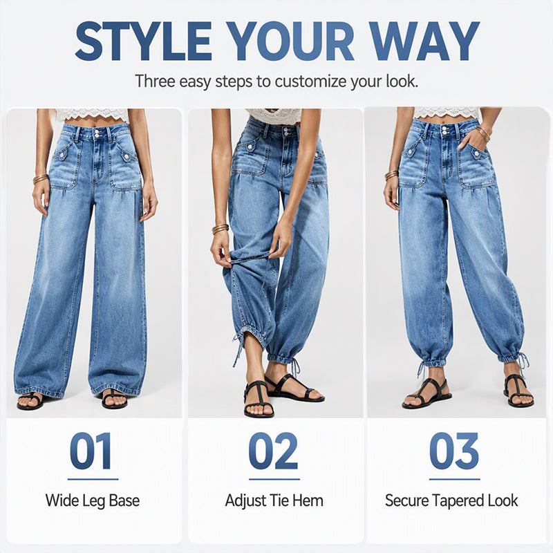 Three steps showing the jeans worn as a wide leg, with the hem being tied, then as a tapered gathered leg. 8