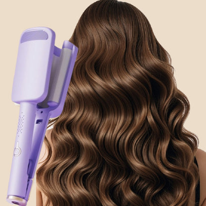 Purple wave iron beside long brown hair styled in deep, glossy waves 6