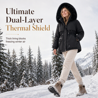 Woman in a black fur-hooded parka and cream trousers walking through snowy pine trees 3
