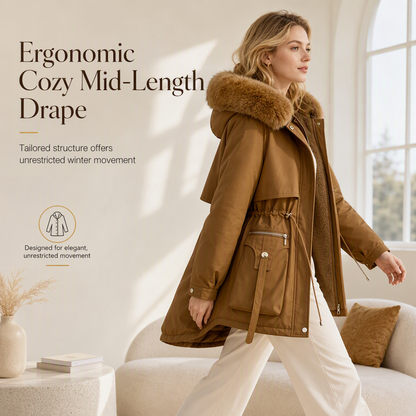 Woman walking indoors in a brown mid-length parka with faux fur hood and fleece-lined open front 6