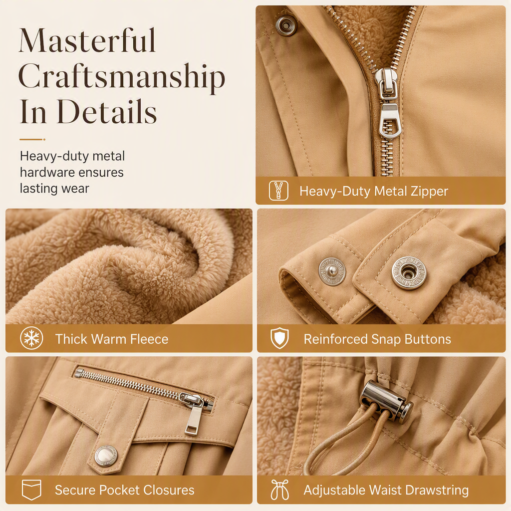 Collage of close-ups on a camel parka: metal zip, fleece lining, snap cuff, pocket and drawstring toggle 5