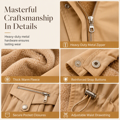 Collage of close-ups on a camel parka: metal zip, fleece lining, snap cuff, pocket and drawstring toggle 5