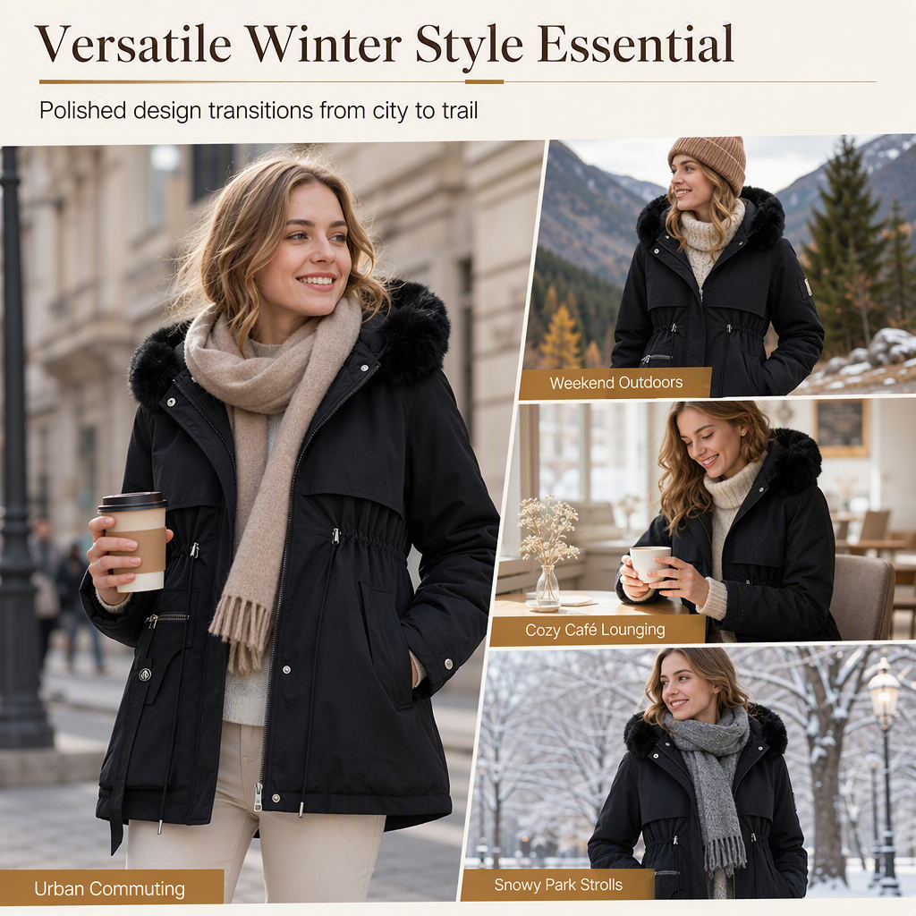 Four scenes of women in a black fur-trimmed parka: city street, mountains, café and snowy park 7