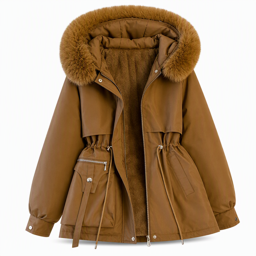 Dark brown parka laid flat with faux fur hood, open zip revealing fleece lining and flap pocket 11