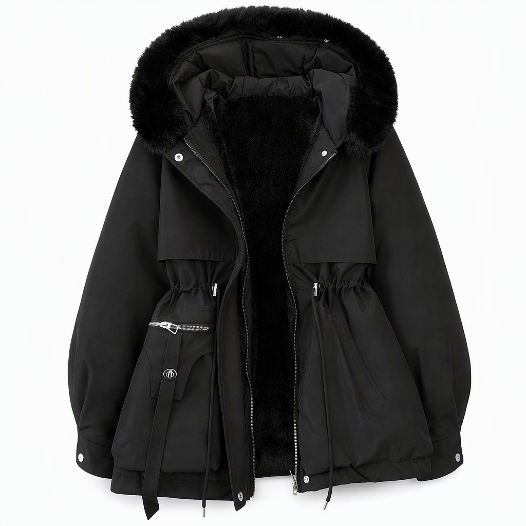 Black parka laid flat with fluffy faux fur hood, open front showing black fleece lining and cinched waist 9