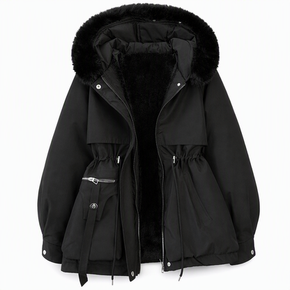 Black parka laid flat with fluffy faux fur hood, open front showing black fleece lining and cinched waist 9