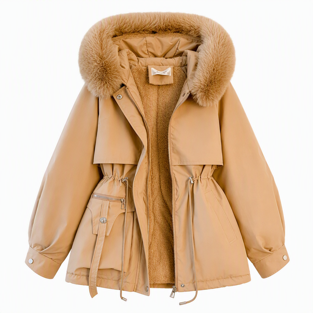 Khaki parka laid flat with matching faux fur hood, open front showing warm fleece lining and waist drawstring 10
