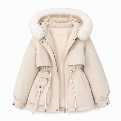 Cream parka laid flat with white faux fur hood, open zip showing soft fleece lining and drawstring waist 8