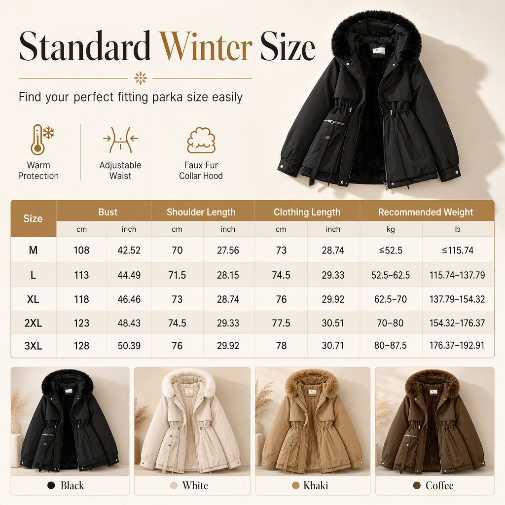 Size guide table for the parka with bust and length measurements, plus the four colour options shown below 12