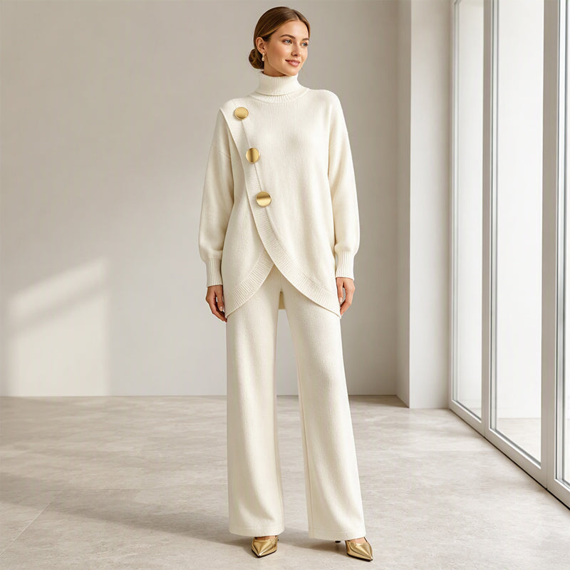 Cream set worn by a smiling model, arms relaxed at her sides, showing the full outfit without a handbag. 7
