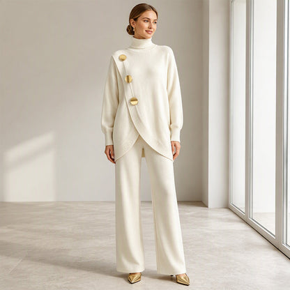 Cream set worn by a smiling model, arms relaxed at her sides, showing the full outfit without a handbag. 7