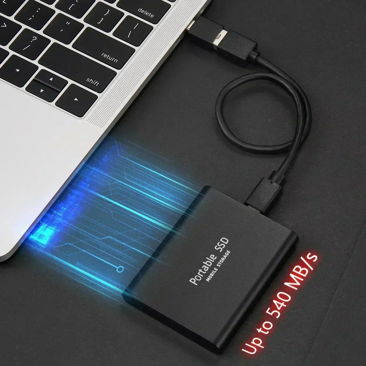 Black slim external drive plugged into a laptop by a short black cable, with glowing blue lines suggesting fast data transfer. 1