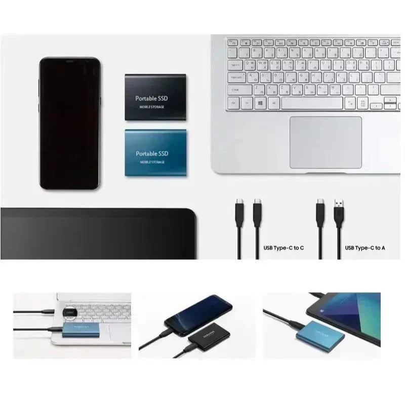 Flat lay of black and blue drives beside a phone, laptop and tablet, with two cable types and small connection examples below. 3