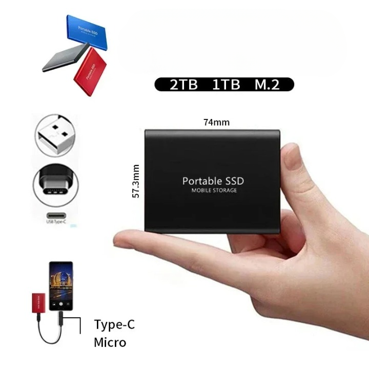 Black drive held in an outstretched hand to show its compact size, with dimensions marked and connector icons alongside. 4