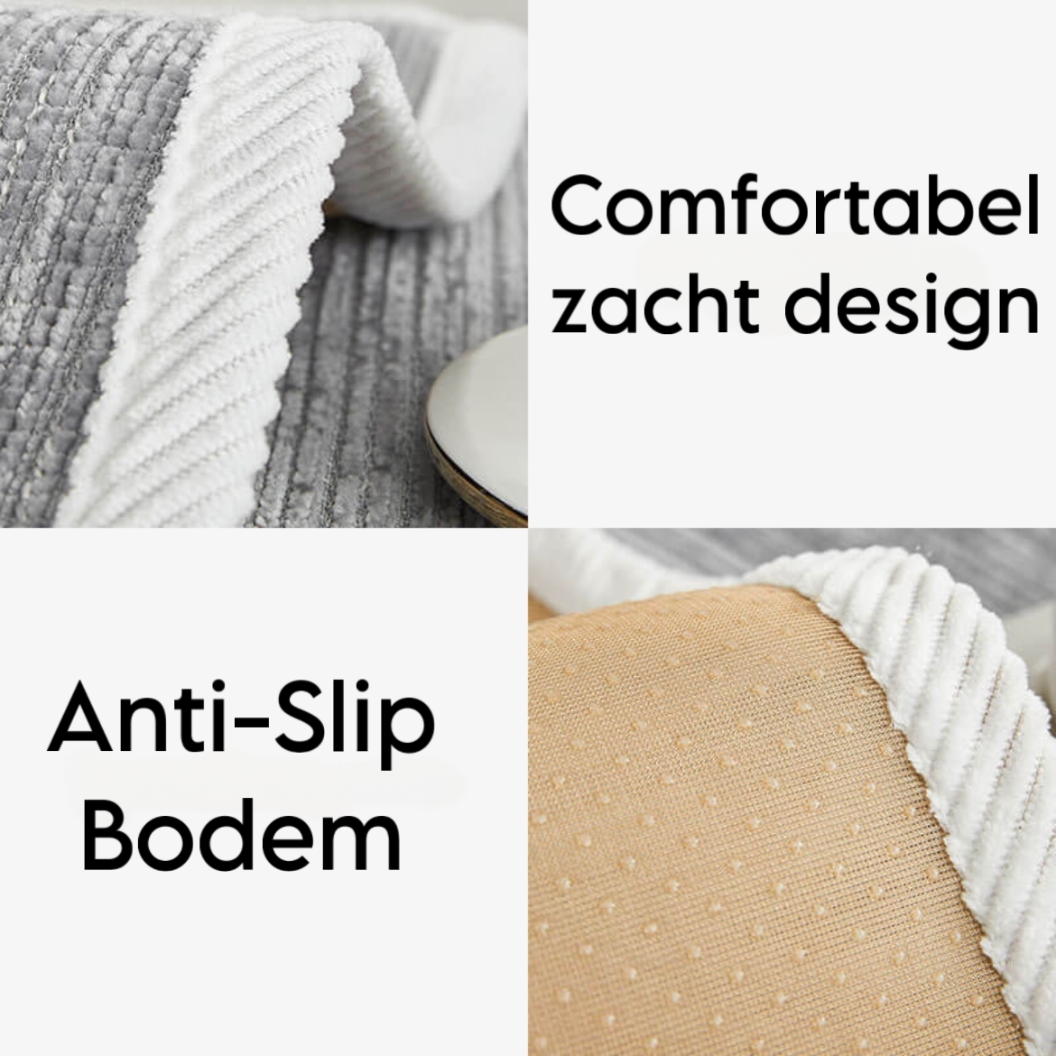 Close-up collage of the soft white ribbed edging on grey chenille and the beige dotted non-slip underside. 4