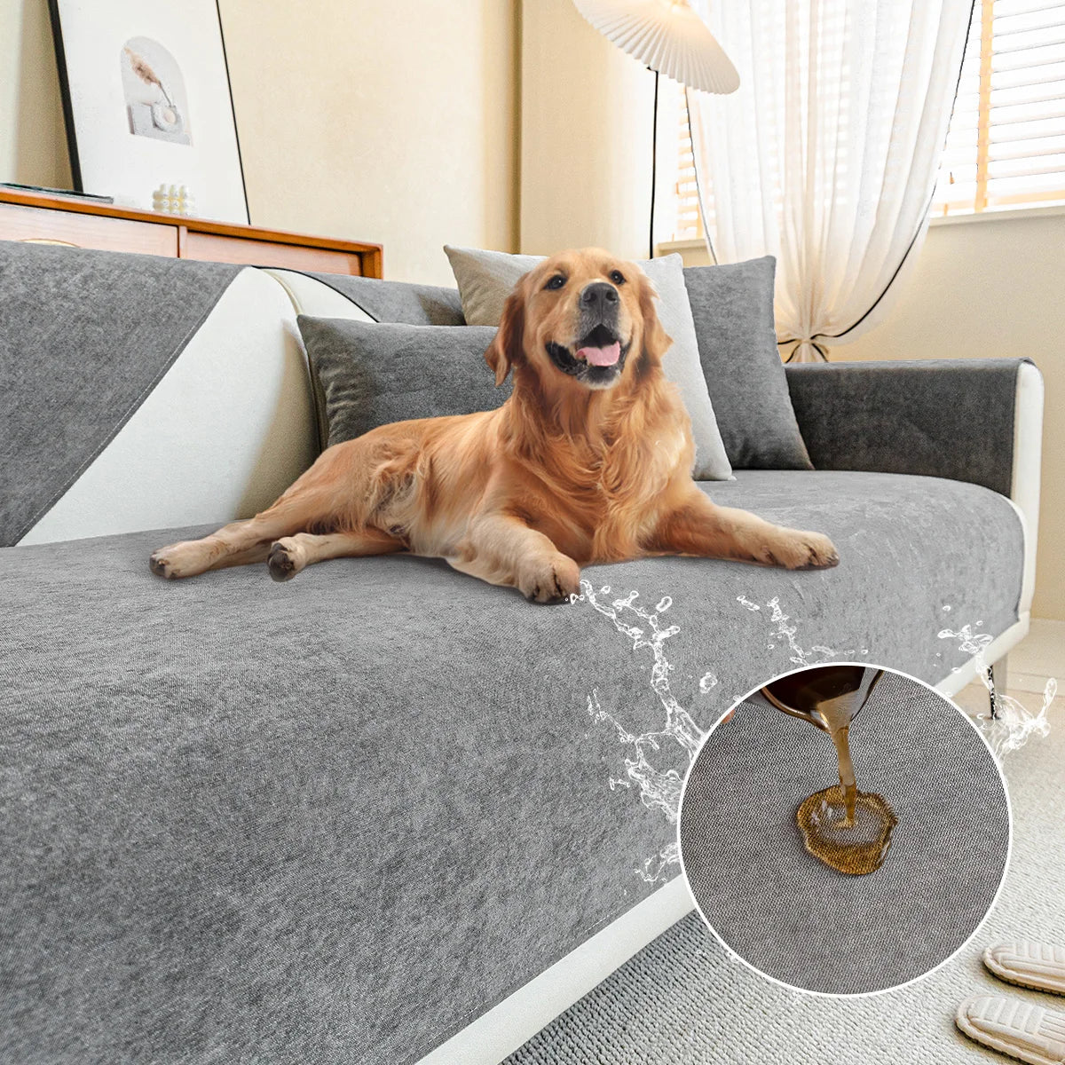 Golden retriever lying on a grey cover, with water splashes and a round inset of liquid beading on the fabric. 9