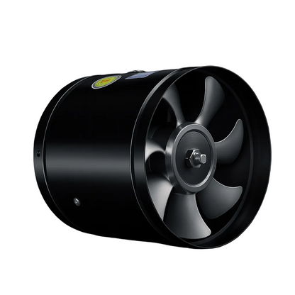 Black cylindrical inline fan angled to show its six curved blades and central hub, on white 1