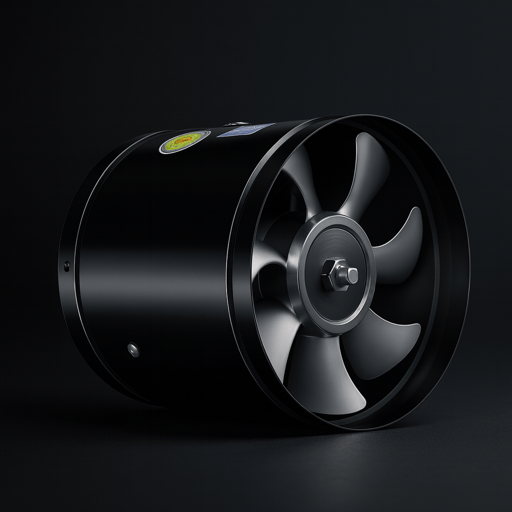 Black cylindrical fan with six blades photographed against a dark, moody studio background 2
