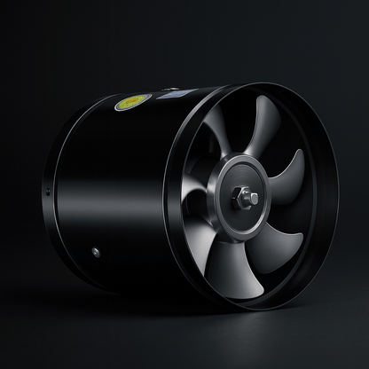 Black cylindrical fan with six blades photographed against a dark, moody studio background 2