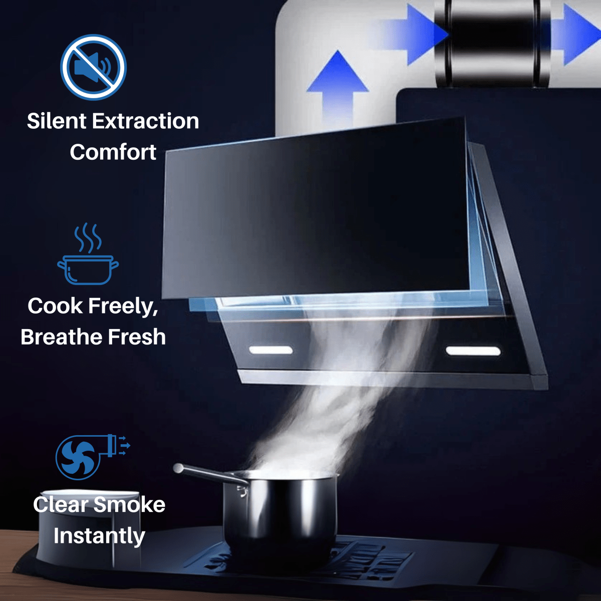 Illustration of a cooker hood venting steam above a saucepan, with the fan in the ducting 3