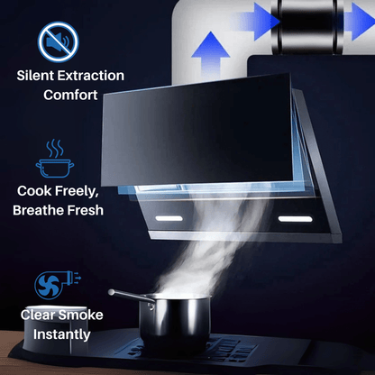 Illustration of a cooker hood venting steam above a saucepan, with the fan in the ducting 3
