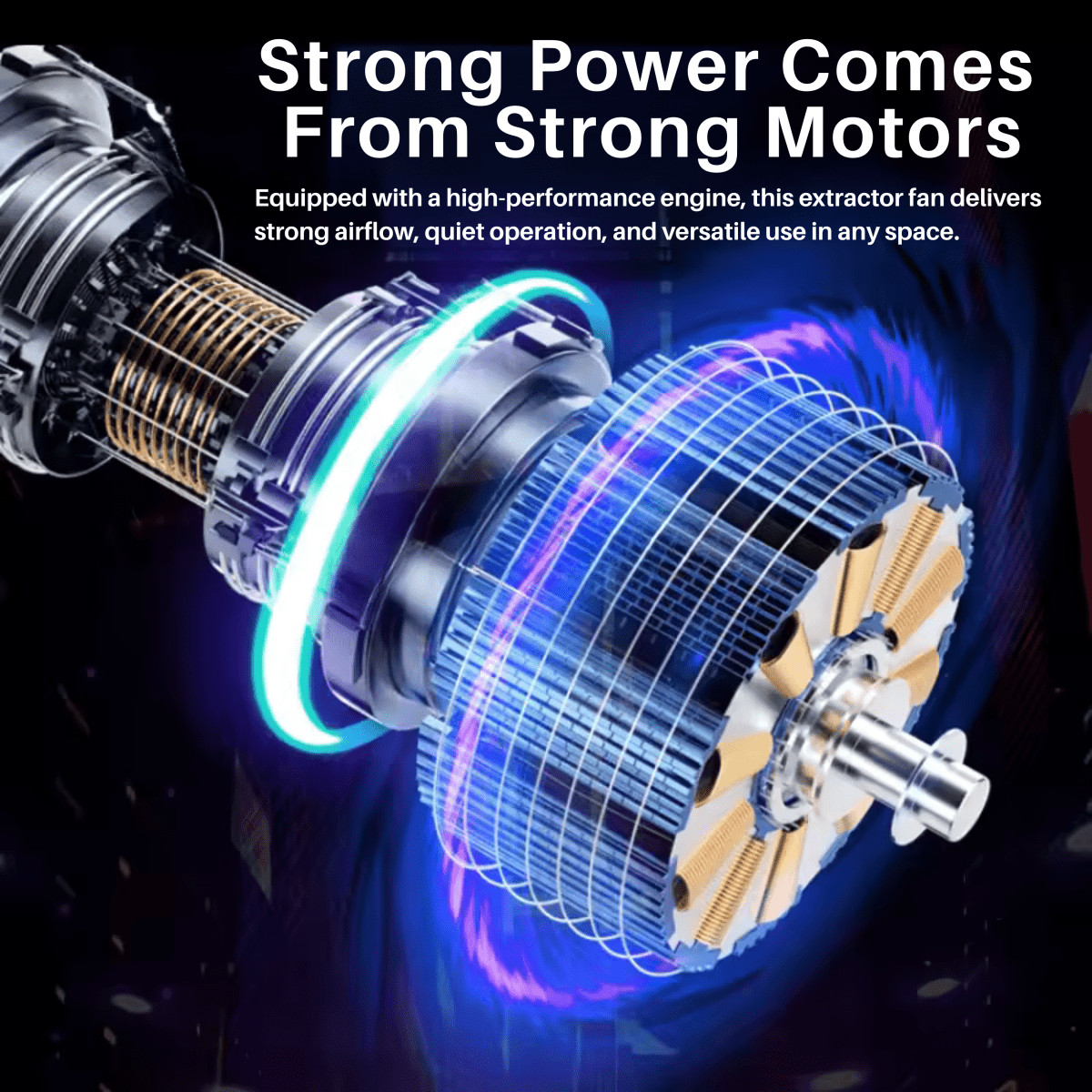 Cutaway graphic of the fan's motor, showing copper windings and a glowing rotor 4