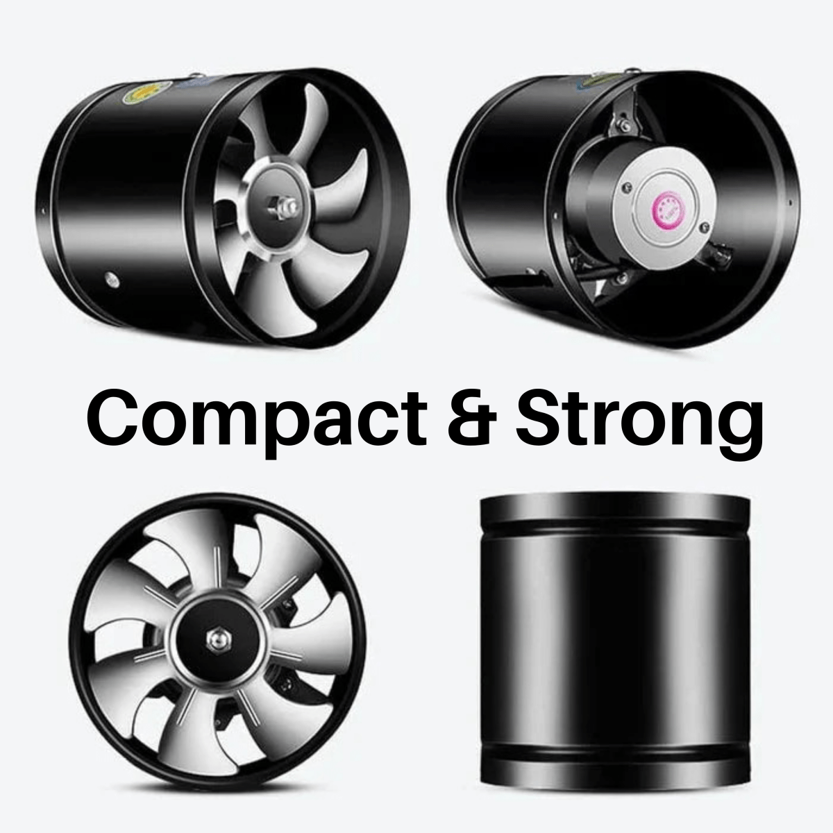 Four views of the black fan: front angle, rear motor housing, head-on blades and plain side 6