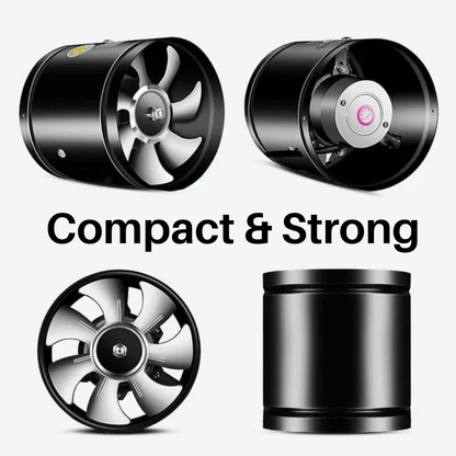 Four views of the black fan: front angle, rear motor housing, head-on blades and plain side 6