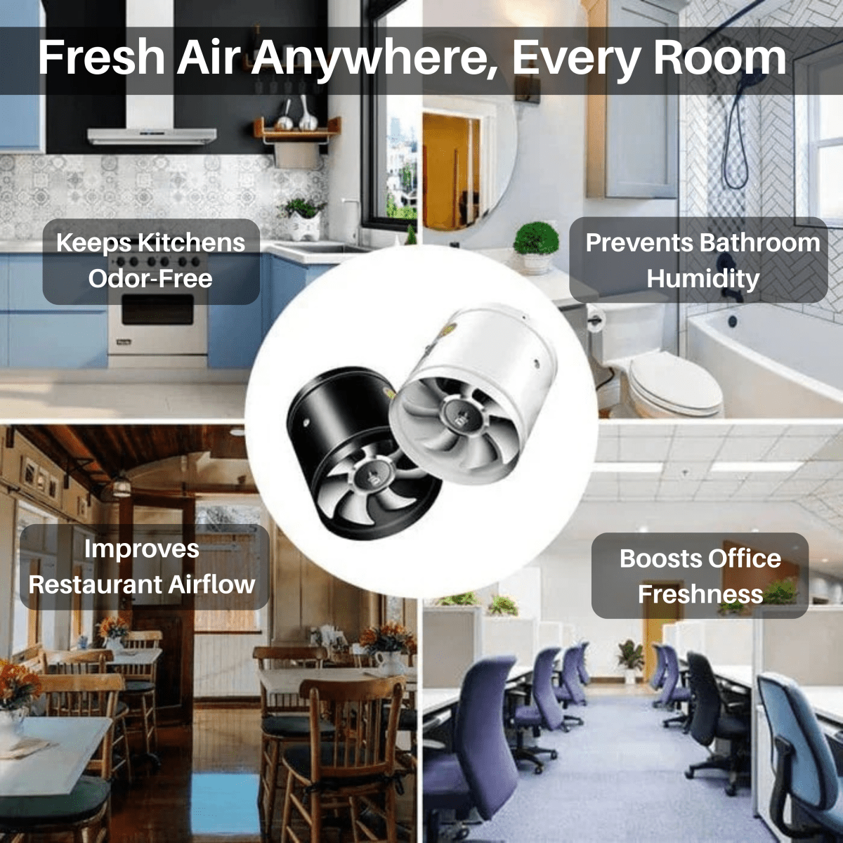 Black and white fans shown over four settings: kitchen, bathroom, restaurant and office 7