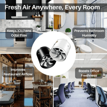 Black and white fans shown over four settings: kitchen, bathroom, restaurant and office 7