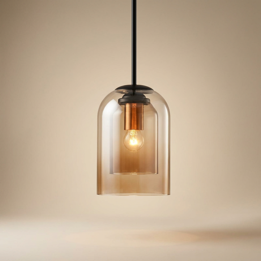 Studio shot of the amber double-glass pendant with a copper-toned socket and warm glowing bulb 14