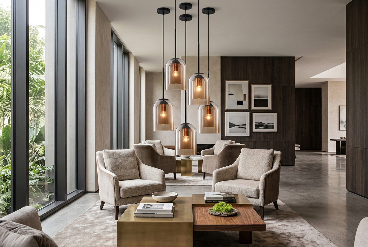 Cluster of five amber glass pendants hanging at varied heights above coffee tables in a spacious, modern lounge 1