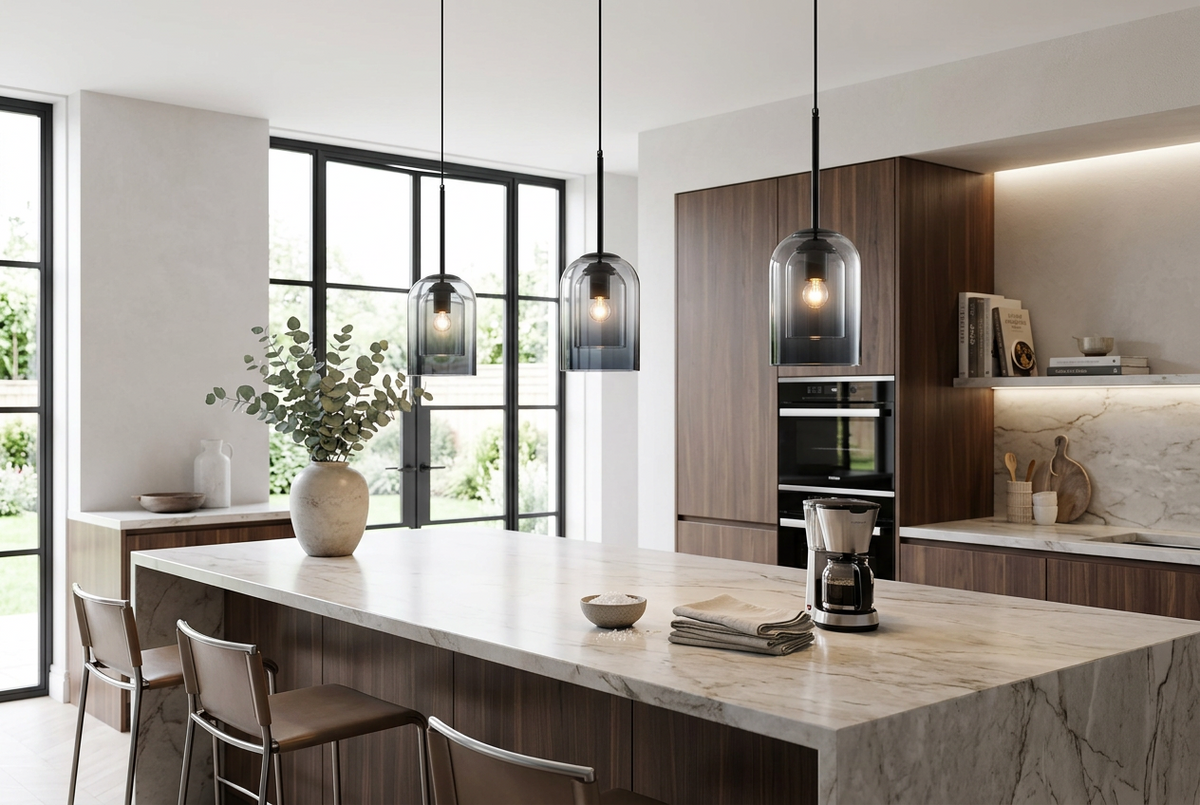 Three smoked double-glass pendants hang above a marble kitchen island with bar stools and walnut cabinets 1