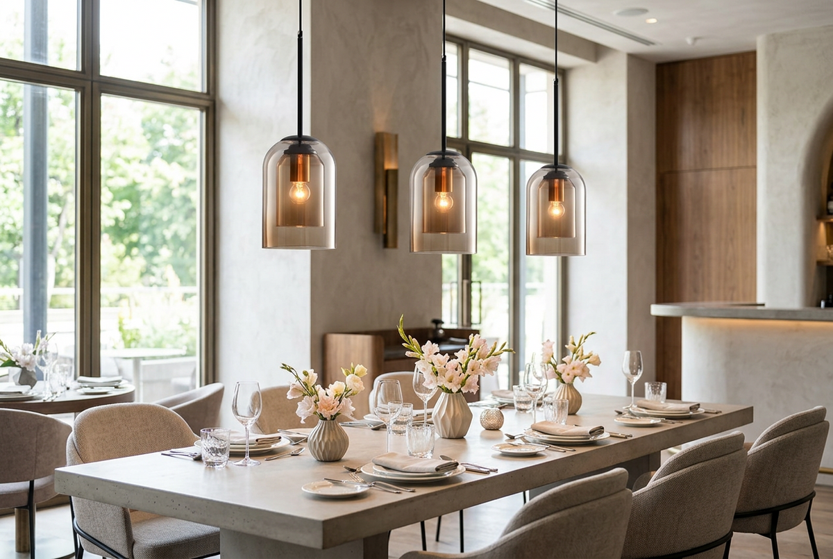 Three amber glass pendant lamps hung in a row above a set restaurant dining table 1