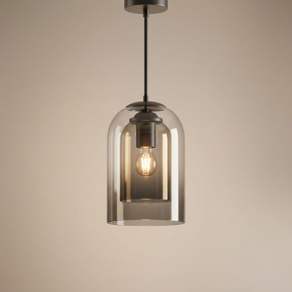 Studio render of the smoke grey double-glass pendant with a warm bulb on a beige backdrop 13