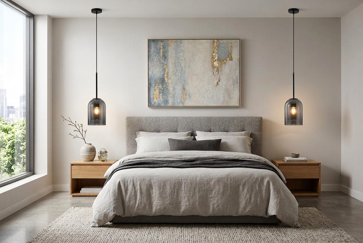Two smoked glass pendant lights hang either side of a bed in a calm grey bedroom 1
