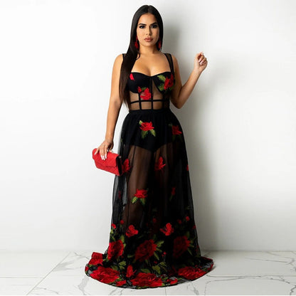 Maxi dress with floral embroidery and spaghetti straps – Rosalie